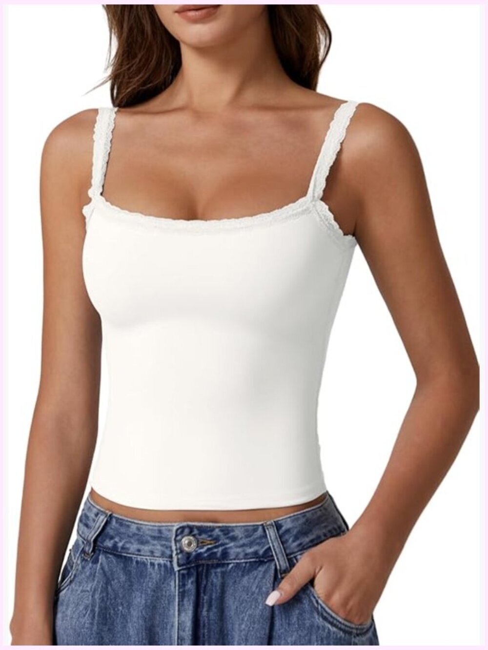 Double Lined Square Neck Lace Trim Tank Top Buttery Soft Fitted Camisole Y2K